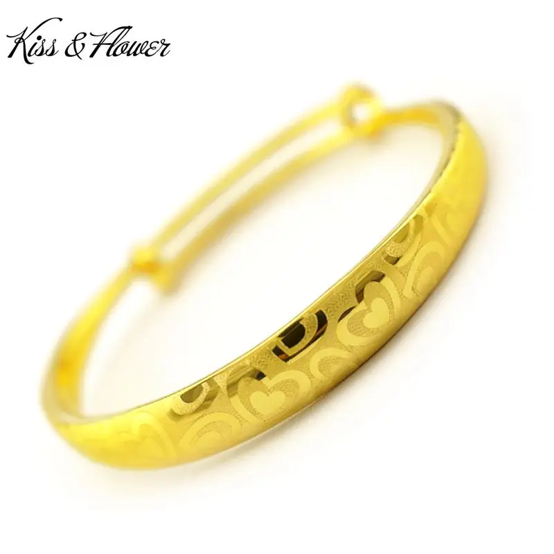 

KISS&FLOWER BR63 Fine Jewelry Wholesale Fashion Woman Girl Birthday Wedding Gift Love Heart 24KT Gold Resizable Bracelet Bangle