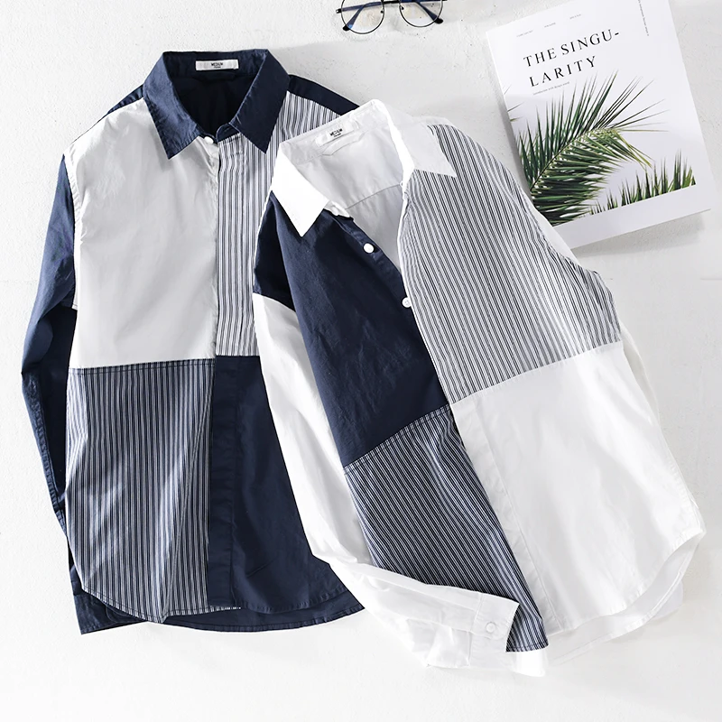 

100% хлопок, новый стиль, лоскутная весенняя рубашка с длинными рукавами, мужские брендовые модные рубашки для мужчин, удобная повседневная рубашка, мужская сорочка
