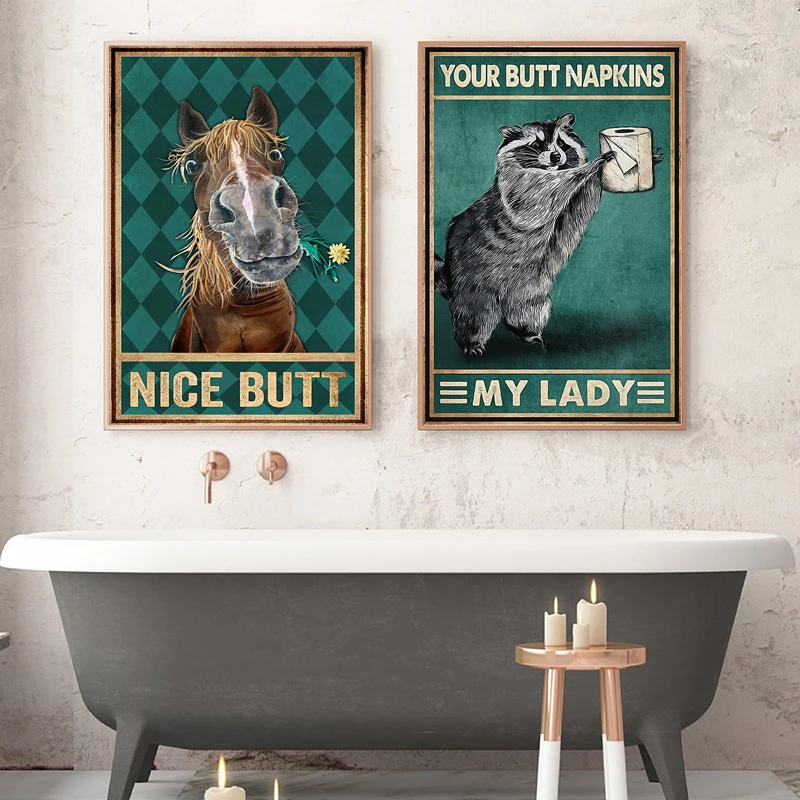 Funny Bathroom Toilet Wall Art Posters and Prints , Horse Goat Animals Vintage Canvas Painting Pictures WC Bathroom Wall Decor