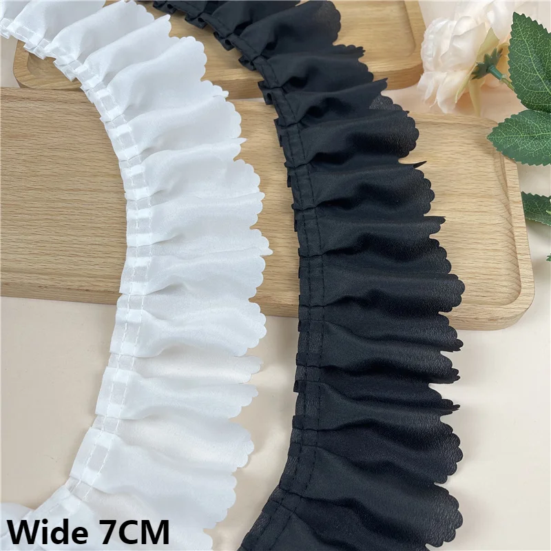 7CM Wide White Black Pleated Chiffon Fabric Lace Frilled Fringe Ribbon Collar Cuffs Ruffle Trim Dress Hemlines DIY Sewing Decor