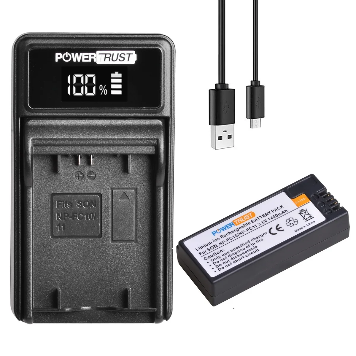 PowerTrust 1400mAh  NP-FC11 NP-FC10 Battery and Fast USB Charger for Sony DSC-P2/P3/P5/P7/P8/P9/P10/FX77/F77A, DSC-V1 Cameras