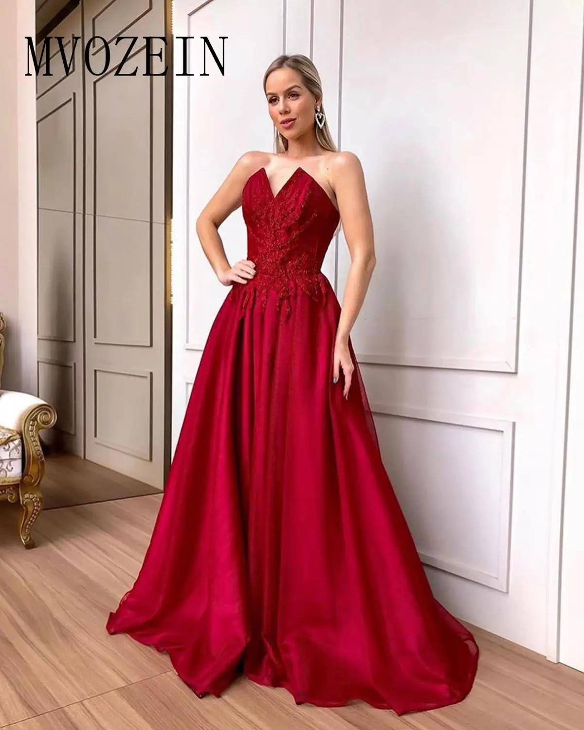 Mvozein Dark Red Evening Dress Satin A-Line Lace Appliques Special Formal Gowns Evening Dresses Long abendkleider