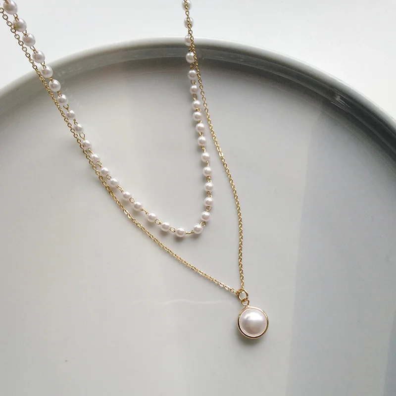 Doppel-schichten Imitation Perle Halsketten für Frauen Runde Perle Anhänger Halskette Koreanische Mode Charme Hals Zubehör Collares – Detail 4