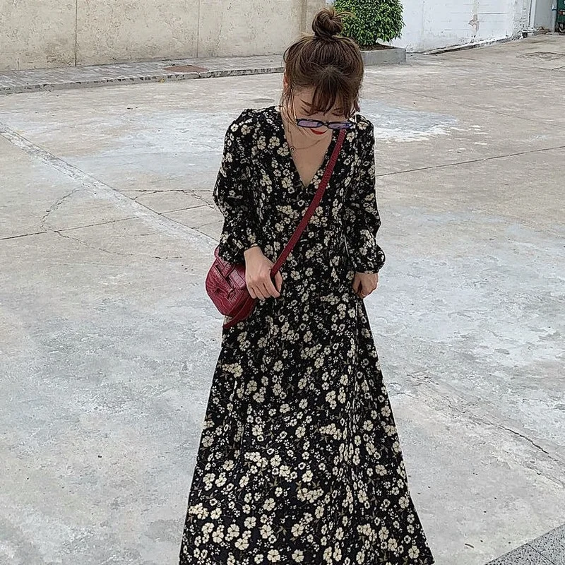 Long Sleeve Dress for Women Floral Vintage Designer Korean Style Street Vestidos Y2k Autumn Chic Mid-calf Casual BF Femme Tender
