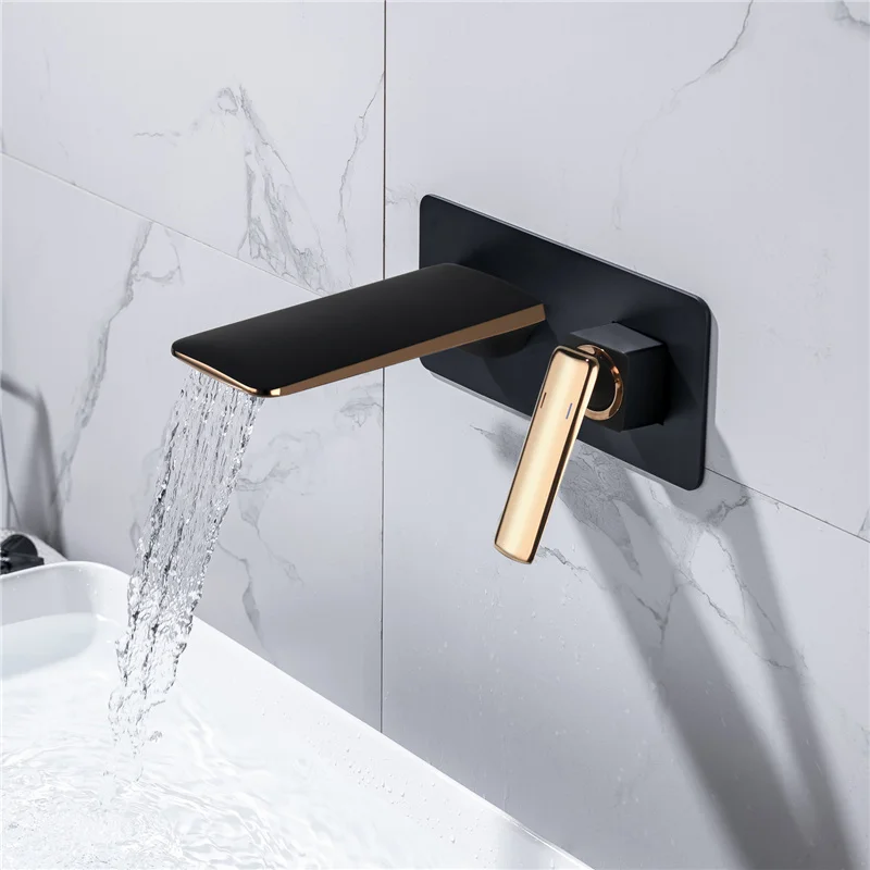 

Rose Gold/Black Bathroom Basin Faucet Soild Brass Sink Mixer Hot & Cold In-Wall Single Handle Lavatory Crane Waterfall Type Taps