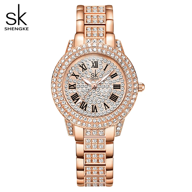 

Shengke Bling Luxury Relogio Feminino Crystal Decorated On Dial And Bracelet Strap Rose Gold Romantic Color Watch For Women Paty