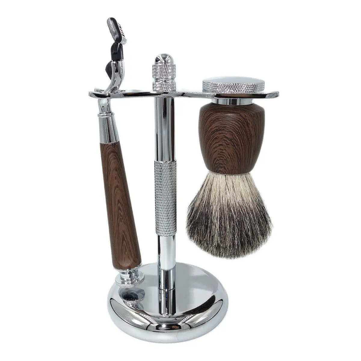 

iRAZOR Men's Shaver Mach 3 Safety Razor Shaving Machine With Rosewood Grain Handles Classic Stand Holder Badger Hair Brush