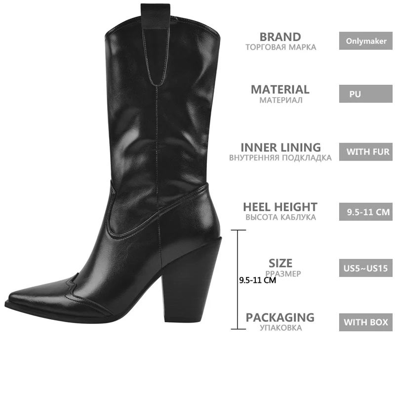 Onlymaker Women Pointed Toe Mid-Calf Boot Matte Black Sewing Embroidered Thick Heels Zipper Winter Big Size Cowboy Boots