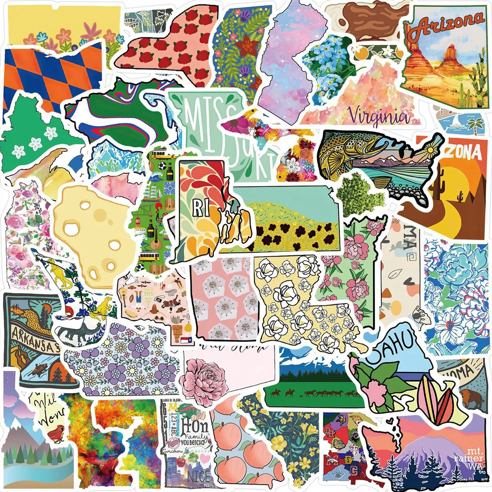 10/30/55pcs Colorful State Map Stickers Aesthetic DIY Scrapbooking Laptop Suitcase Phone Cartoon Cute Decal Sticker for Kid Toy