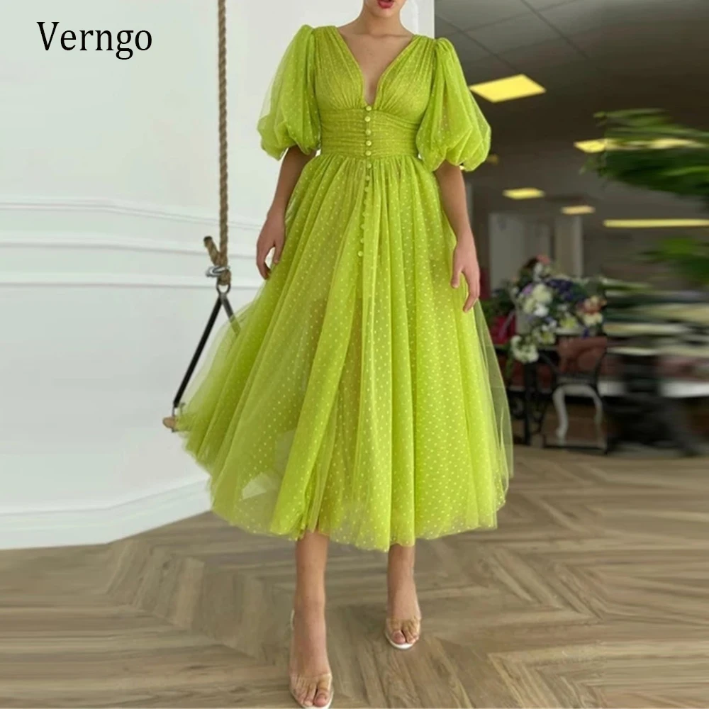 Verngo-Robe de Bal Vert Citron Brcorporelle, Tulle Jolie tillé, Longueur Thé, avec Corset Boutonné, Manches Bouffantes, Zones Ecoming, ixFormelle, Quelle que soit