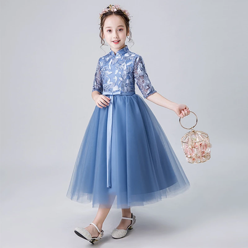 

Girls blue Princess Tutu Dress Kids Flower gril weeding Dresses Ball Gown Children Party Costume Dresses chinese cheongsam kids