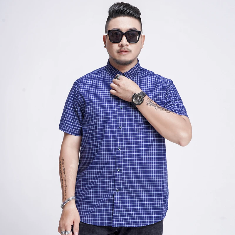 SHAN BAO 5XL 6XL 7XL 8XL Large Size Cotton Check Short Sleeve Shirt 2022 Summer Brand Business Casual Men\'s Loose Shirt