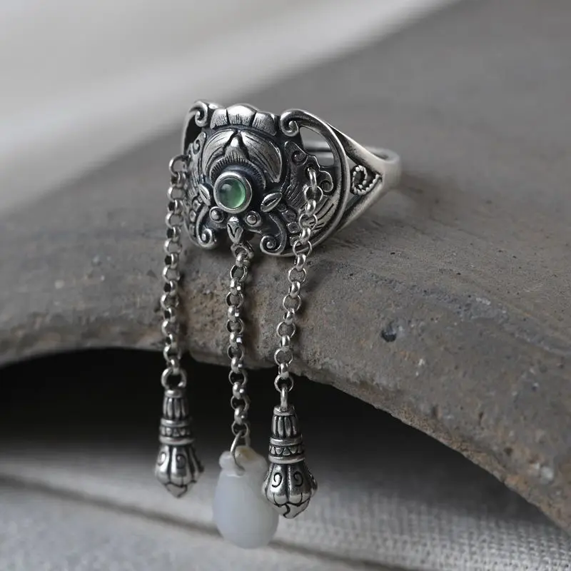 Natural Hetian Jasper Bat Thai Silver Tassel Opening Ring Retro Designer Craft Light Luxury Charm Women's Brand Jewelry