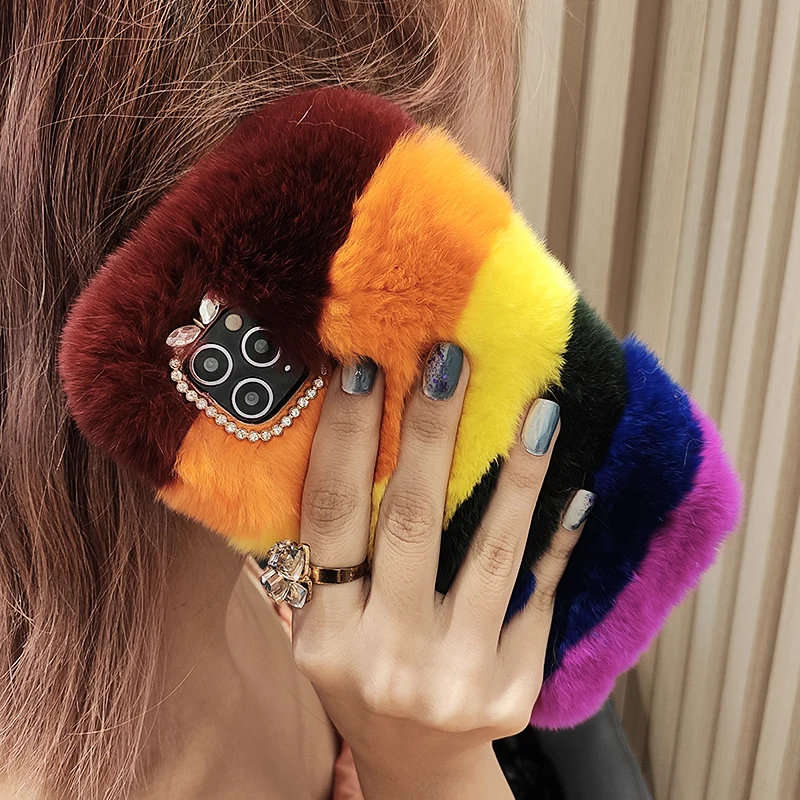 

For Samsung Galaxy S22 S21 S20 FE Ultra S10 S9 S8 Note 20 10 9 8 Plus Luxury Colorful Rainbow Soft Real Rabbit Fur Case Cover