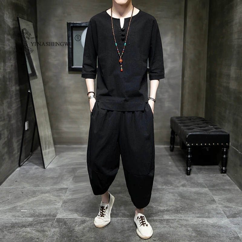 Japanese Style Suits Kimono Short-Sleeved T-shirt Pants Two Piece Men Tops Trousers Male Japan Harajuku Yukata Cardigan Costume