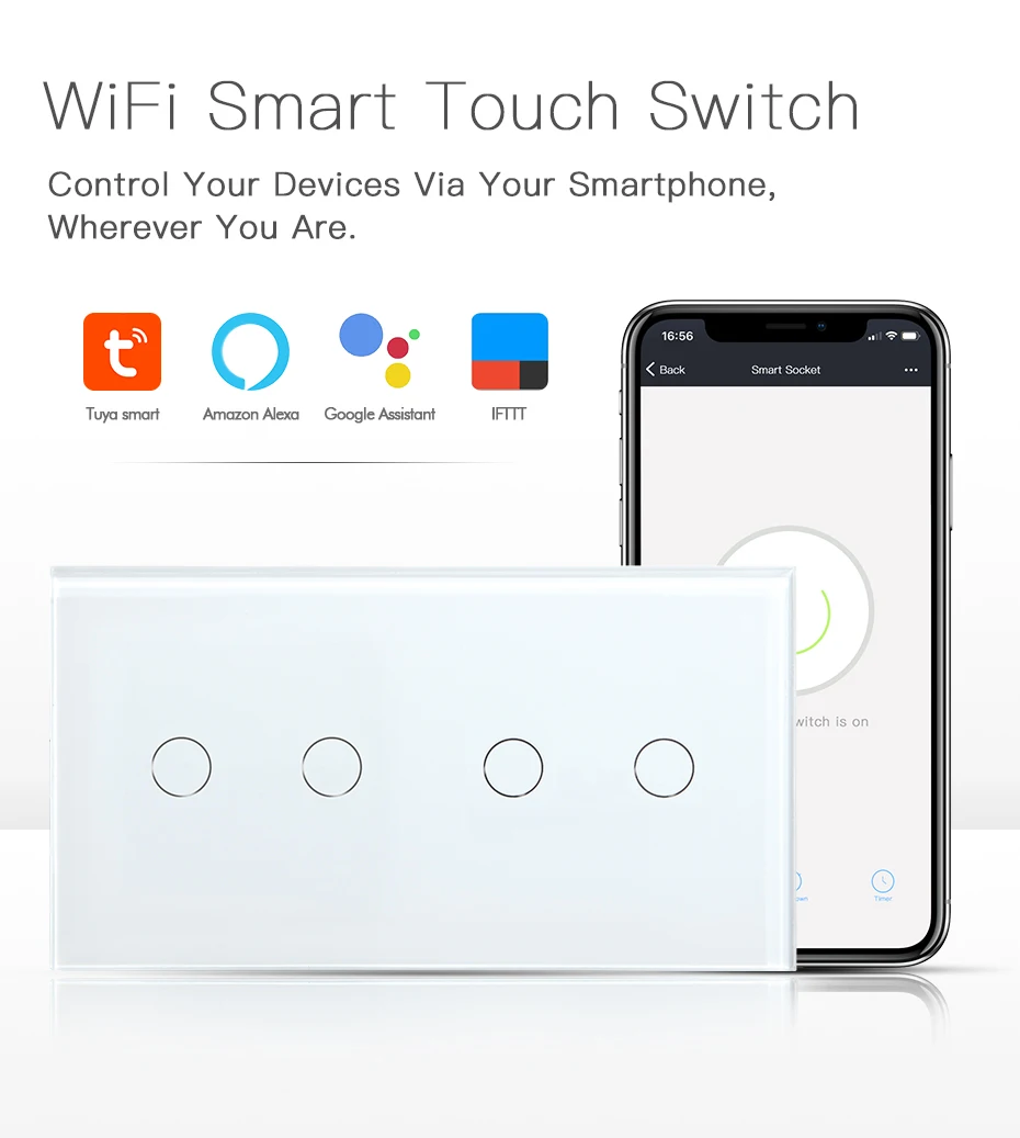 Bseed 4 Gang Wifi Touch Switch EU Standard Touch Smart Switch Black White Gold With Glass 157mm Panel Home Improvement Work Tuya