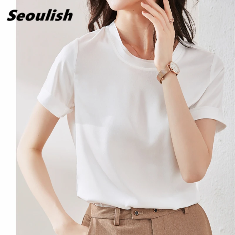 Seoulish  2021 New Summer Stain Women's T-Shirts Short Sleeve O-Neck Bottoming Casual Solid Female Loose Shirt Tops Tee