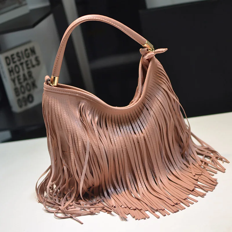 Fashion zipper high quality Solid color soft leather double side tassel bag portable women\'s bag single shoulder cross arm bag