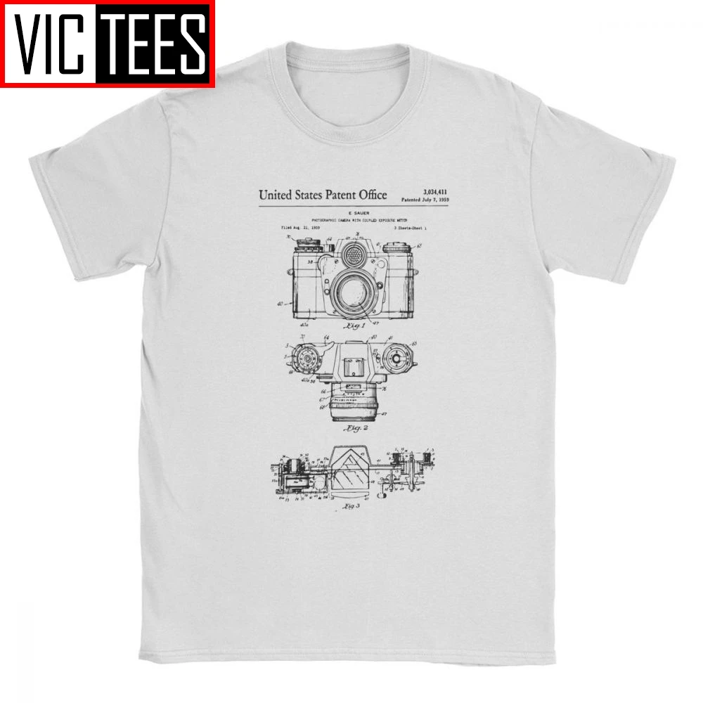 Men Camera Patent Photographer Old Camera T-Shirt Funny Crew Neck Short Sleeve Clothes Pure Cotton Tees Adult Men T Shirts