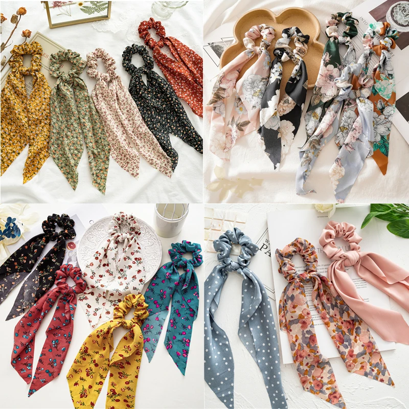 New Fashion Print Bow Scrunchies Nastro per capelli per donna Fascia elastica per capelli Ragazze Equiseto Cravatte per capelli Accessori per capelli