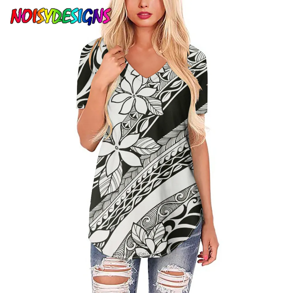 NOISYDESIGNS Hibiscus Flowers Tribal Printing T-shirts Women Summer Shirts for Women Short Sleeve Tee Harajuku V Neck Camisetas