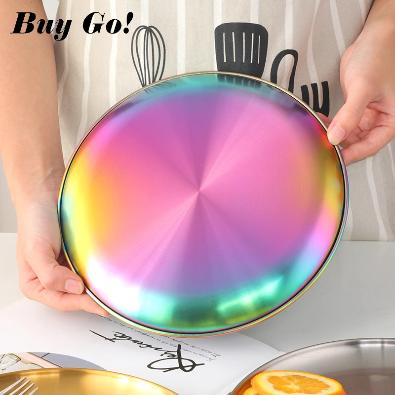 1/2PCS Stainless Steel Tableware Dinner Plate Food Container Salad Dessert Fruit Services Dish Western Steak Round Dessert Tray