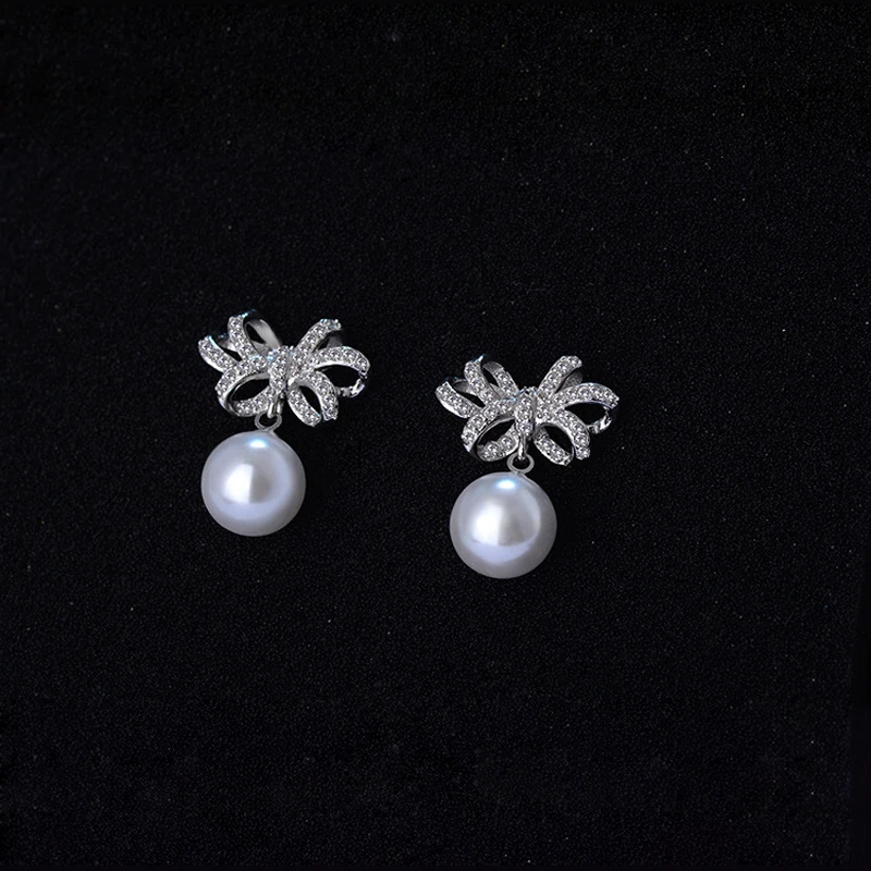 New Fashion Rosette Rhinestone Drop Earrings 925 Sterling Silver Bowknot Pearl Pendant Earring Charm Ear Stud Women Jewelry Gift