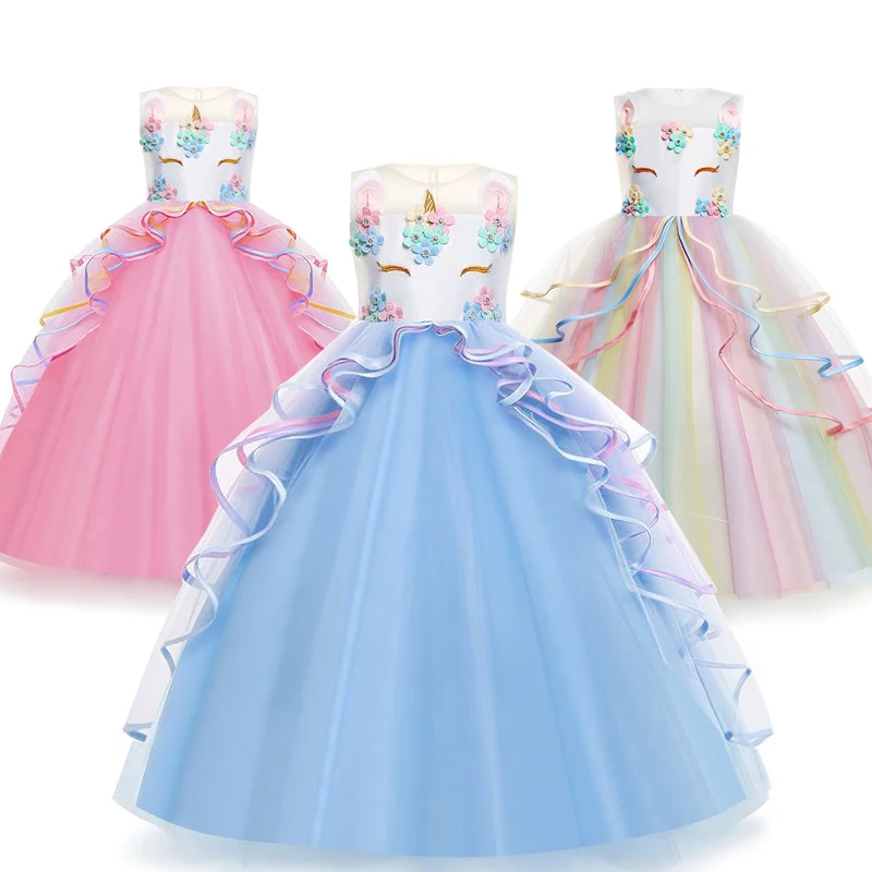 Unicorn Dress For Girls Ball Gown For Kids Rainbow Formal Princess Birthday Party Clothes Embroidery Flower Children Costume