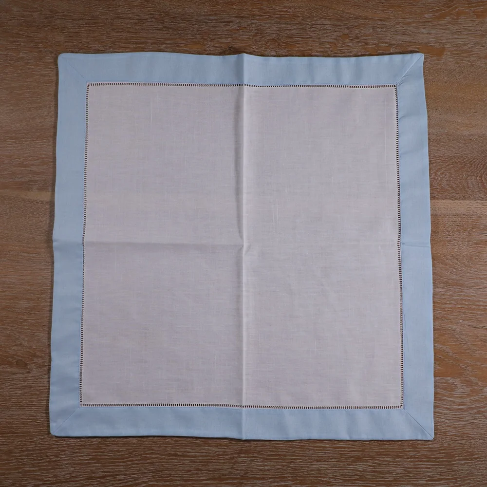 N037-SB-20: 4pieces  White Hemstitch Dinner Napkins Sky Blue hem Ramie Cotton Blend  Ladder Hemstitch table linen