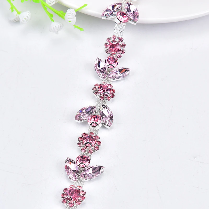 1 Yard Pink Beautiful Sunflowers Leaves Crystal Rhinestone Chain Trimming For Diy Clothes Accessory Dress Belts Jewelry Applique