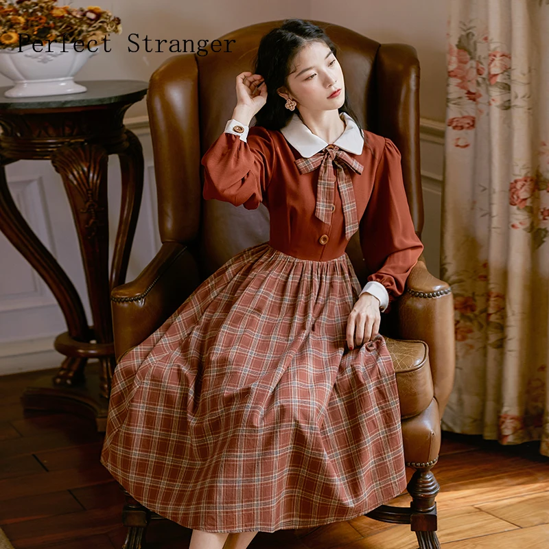 High Quality 2021 Spring New Arrival  Elegant  Peter Pan Collar Plaid  Lantern  Sleeve Bowknot  Woman Retro  Long Dress