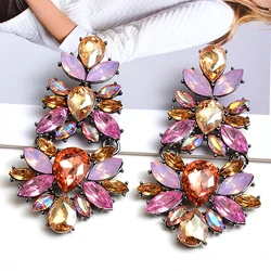 Korean Cute Pink Rhinestone Big Earrings For Women Girls Trendy Pendant Metal Crystal Drop Earrings Jewelry Wholesale