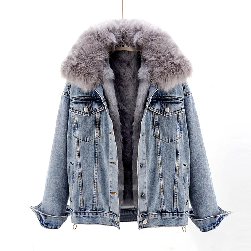 Winter Fashion Thick Warm Denim Jacket Women Removable Fox Fur Collar Rabbit Fur Liner Jeans Jacket Coat Loose Outerwear Female