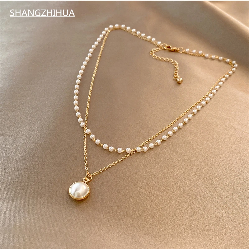 SHANGZHIHUA Super Beautiful Pearl Double Necklace Luxury Pearl Pendant 2021 Fashion Women's Necklace Party Gift Jewelry