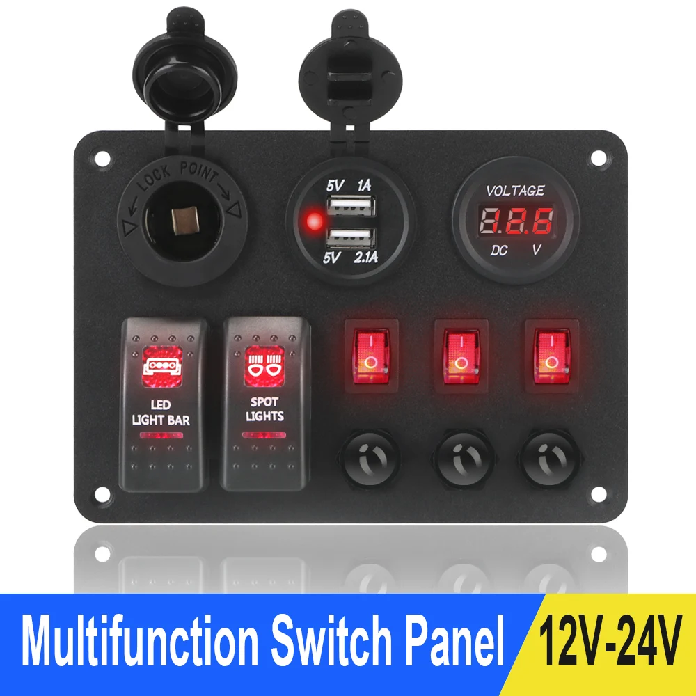 2+3 Gang Rocker Switch Panel Car Marine RV Circuit LED Breaker Dual USB Ports With Overload Protector Digital Voltmeter