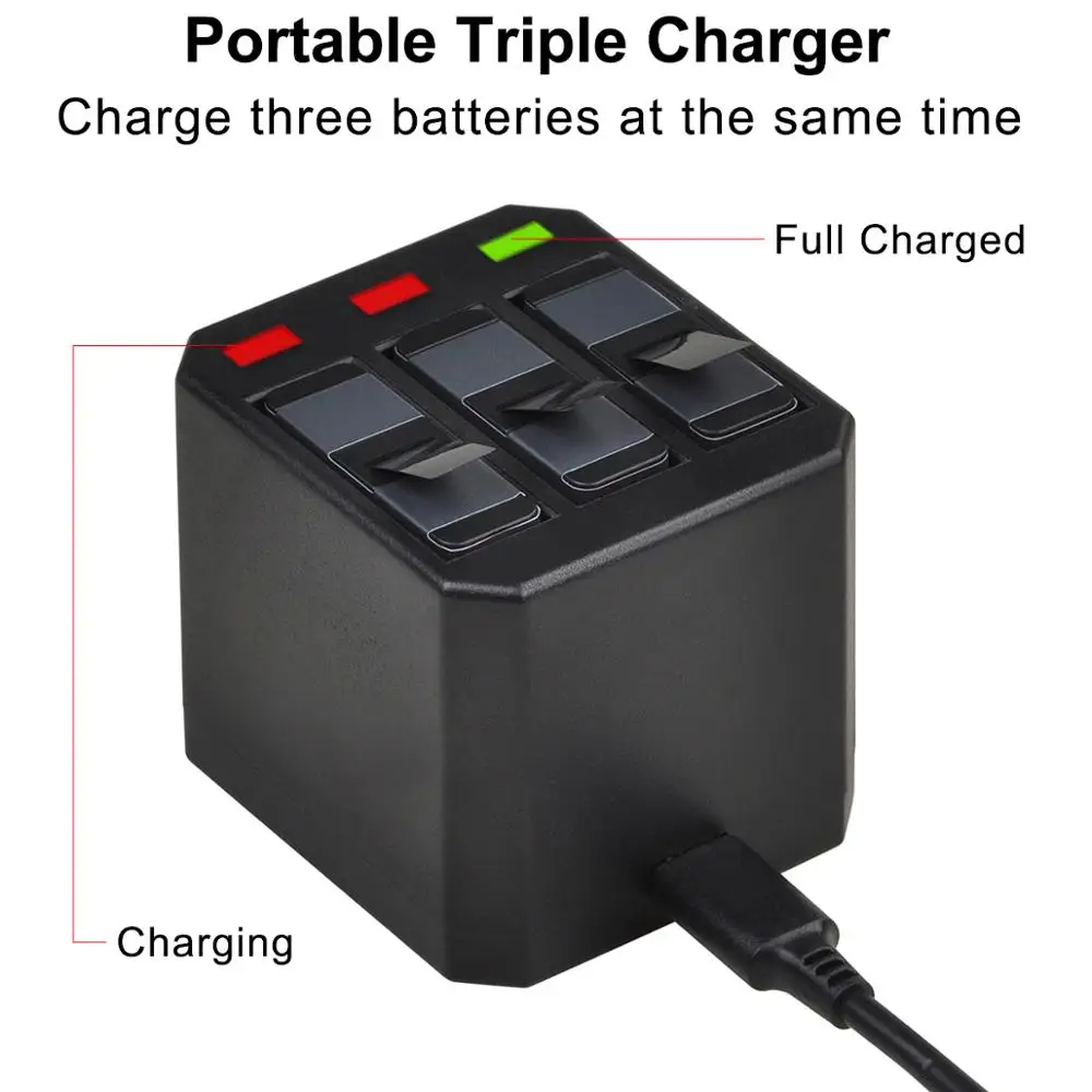 Batterie für Gopro Hero 5/6/7 + 3-Ports USB Ladegerät mit Typ C Port für Gopro Hero 5,AHDBT-501,Hero 6,Hero 7 Schwarz, Hero 2018