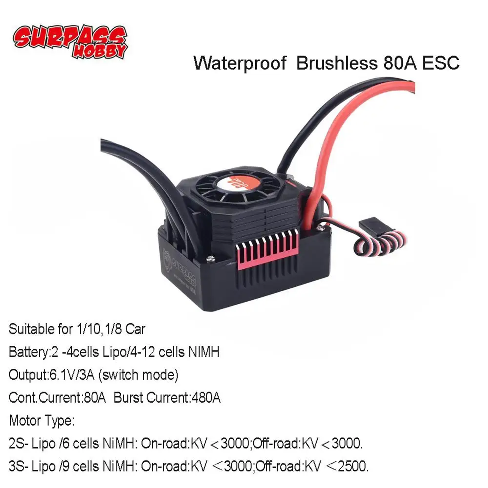 SURPASS HOBBY KK Waterproof Series 80A ESC Brushless Electronic Speed Controller for 1/12 1/10 1/8 RC Car