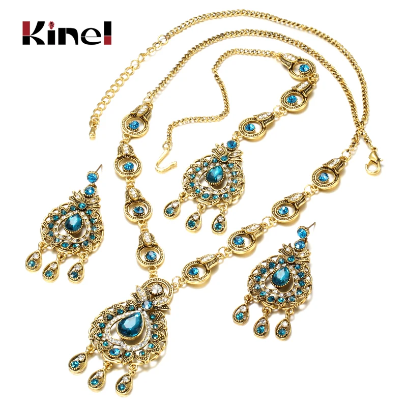 From India Vintage Look Jewelry Sets Pendants Necklace Earring For Women Gold-Color Mosaic  Blue Crystal Party Gifts