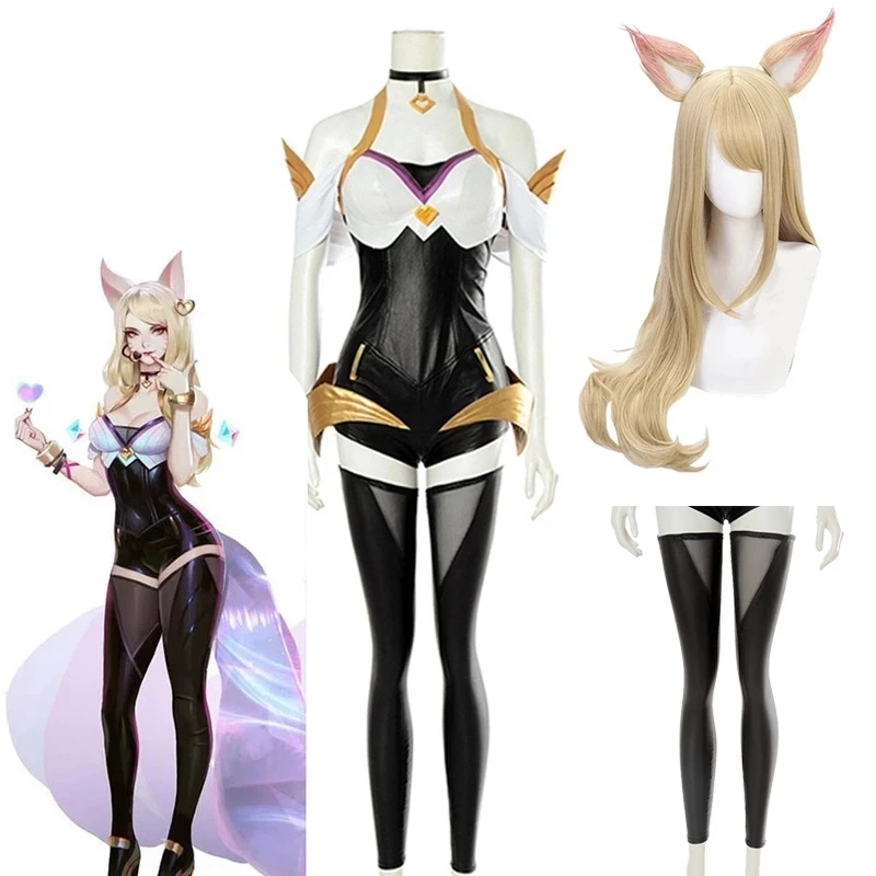 Game KDA Cosplay Costume K/DA Ahri Cosplay Costume Wig Ahri Outfits KDA Group Costume for Women Girls Halloween Carnival Party