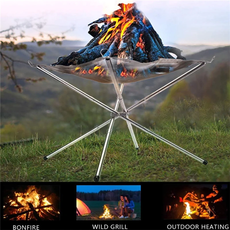 

Portable Outdoor Fire Pit Collapsing Steel Mesh Fire Stand Perfect for Camping Backyard and Garden With Carrying Bag