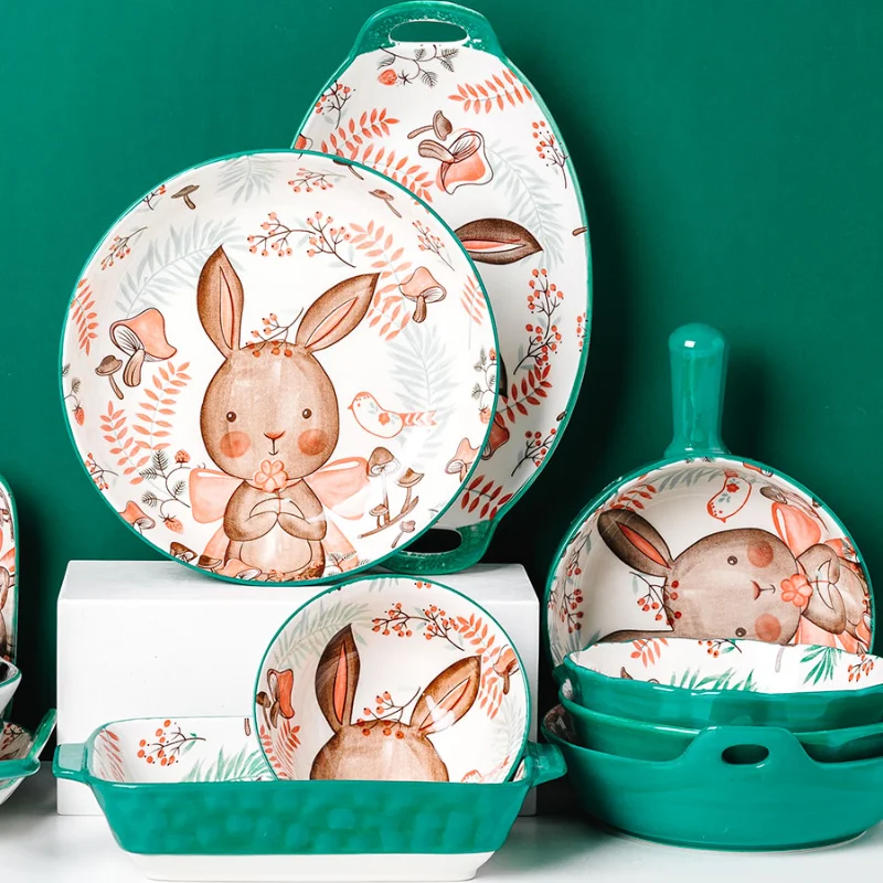 1pc/cute rabbit hand-painted bowl and plate underglaze ceramic household soup bowl commercial hotel noodle bowl fruit salad bowl