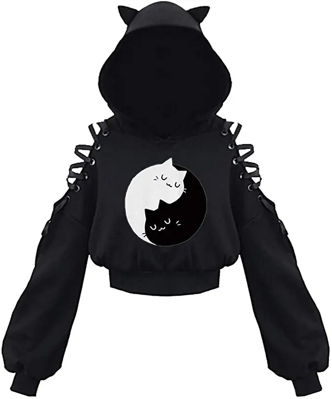 Womens Fashion Printing Sweatshirt Casual Bandage Long Sleeve Exposed Navel Hooded T-Shirt Black Black White Cat Eyes Little Cat