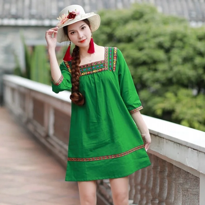 

Women Summer Bohemian Dress Square Collar Vintage Embroidery Loose Fit Casual Hawaiian Dresses Female Harajuku A-Line Mini Dress