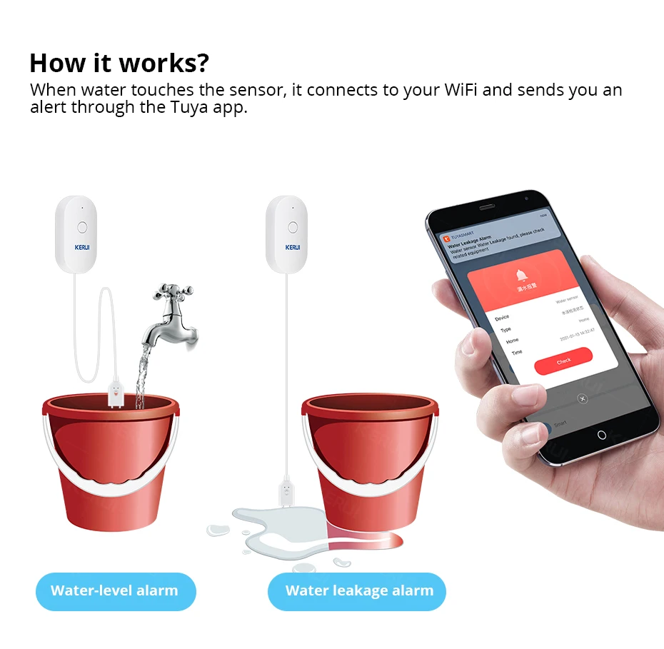 KERUI Smart  WiFi Water Sensor Home Kitchen Water Leak Detector Tuya APP Monitoring of Leaks Phone Notification Security Alarm