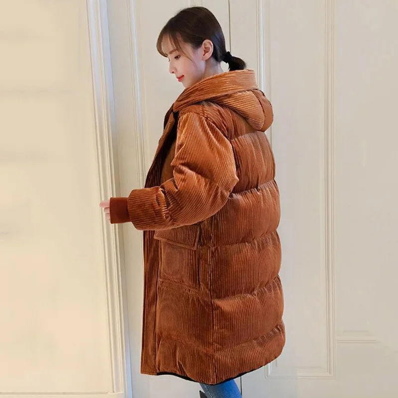 Corduroy Padded Cotton Jacket Coat Womens Winter Mid-length Thick Jacket New Korean Loose Down Parker Female Hooded Coat Fashion