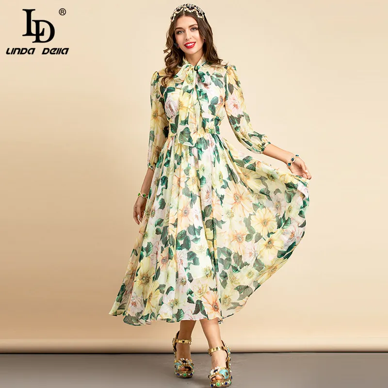 LD LINDA DELLA 2022 Autumn Fashion Runway Vacation Chiffon Dress Women Bow Collar Floral Print Holiday Party Elegant Midi Dress