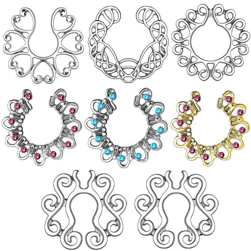 2Pcs Stainless Steel Plant Hearts Fake Nipple Rings Peacock Screen Breast Ring Piercing Jewelry Faux Nipple Piercing