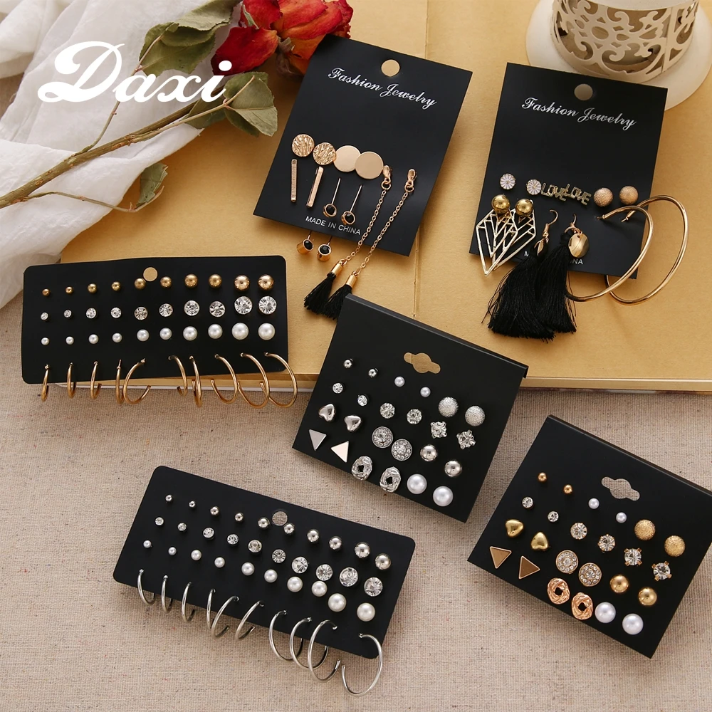 DAXI Boho Gold Color Pearl Stud Earrings For Women Trendy Bohemian Vintage Earring Korean Tassel Studs Earings Jewelry 2020 set