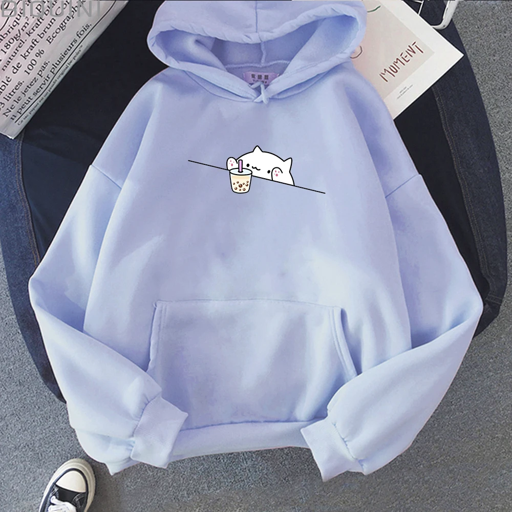 Bubble Tea Printed Casual Pullovers Vintage Cartoon Female Hooded Clothes 2021 New Women Hoodies Kawaii Cat and Boba Sweatshirts