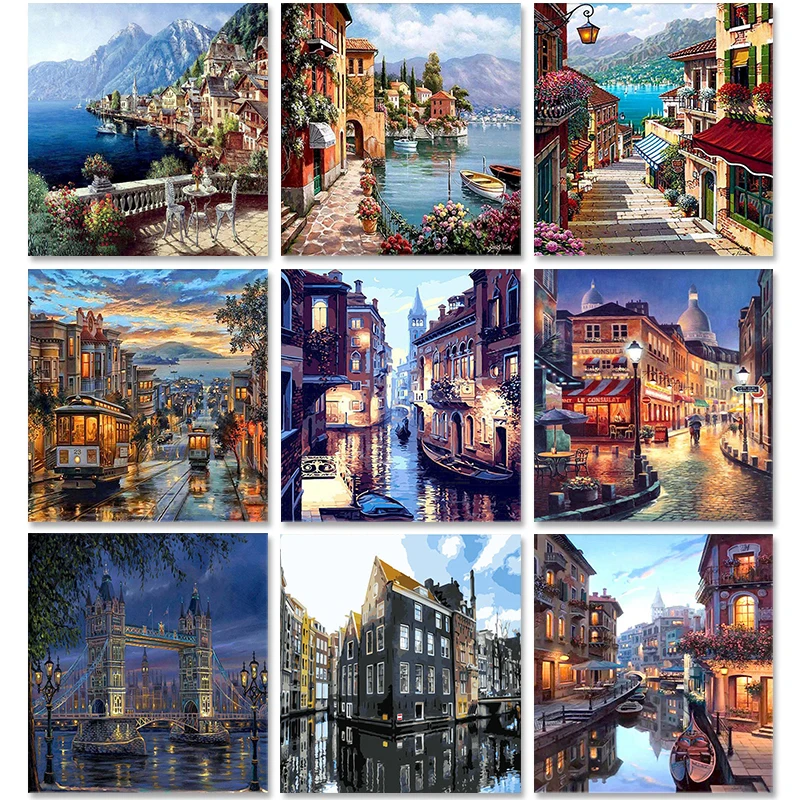 

PhotoCustom City Lanscape Paint By Numbers Kits Scenery DIY 60x75cm Oil Painting By Numbers On Canvas Frameless Acrylic Draw Num